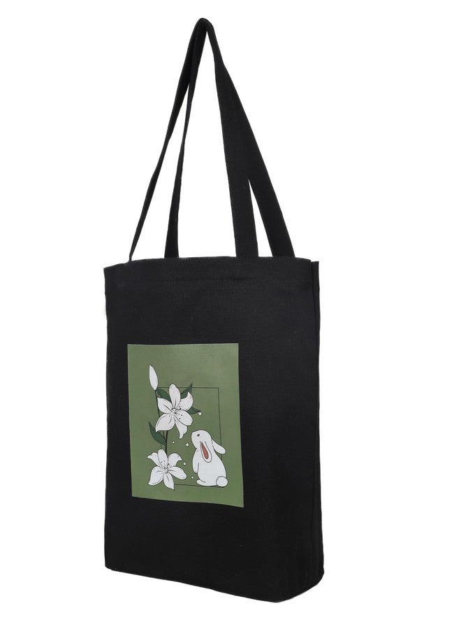 JUTEKA Canvas Tote Bag with Zip, College Bag for Girls, 100% Organic Cotton Tote Bag for Shopping, Travel & Beach bags for Women (Rabbit - Black) - Image 3